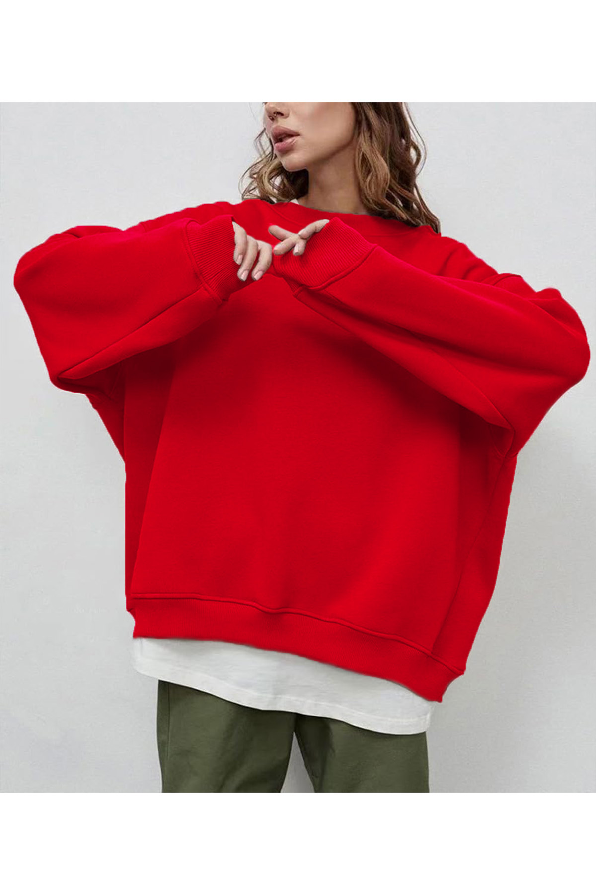 Kadın Bisiklet Yaka İçi Şardonlu, Kışlık Yumuşak Bol Sweatshirt K