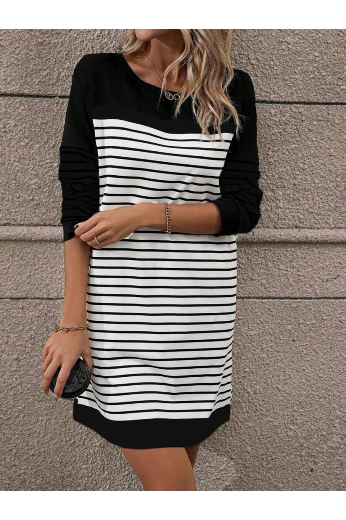 Kadın Bisiklet Yaka Uzun Kol çizgili Iki Iplik Kumaş Mini Boy Elb
