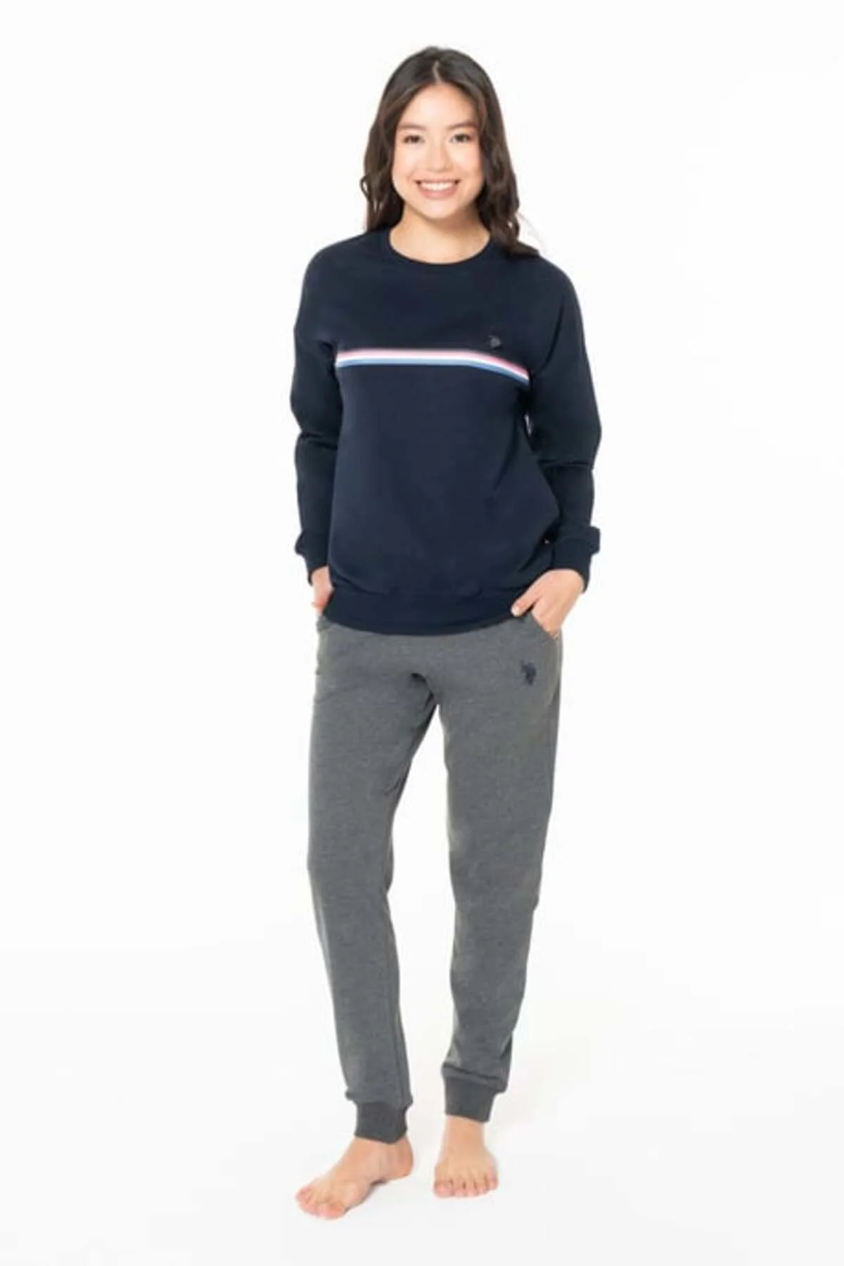 Kadın Bisiklet Yaka Uzun Kollu Pijama Takımı S26121 BANTLI PAÇA RAHAT KUMAŞ