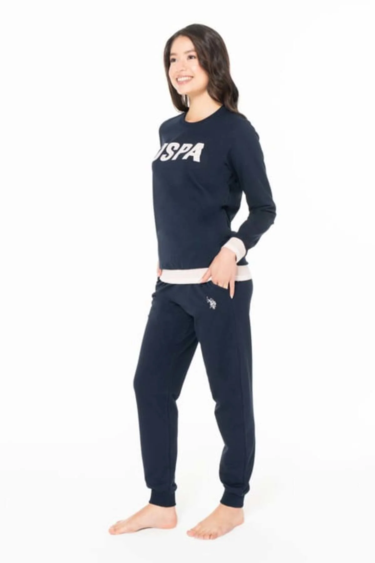 Kadın Bisiklet Yaka Uzun Kollu Pijama Takımı S26117 BANTLI PAÇA RAHAT KUMAŞ-LACİVERT