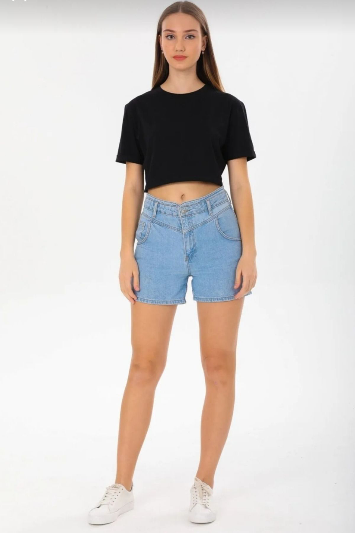 Kadın bisiklet yaka Duble kollu crop t-shirt