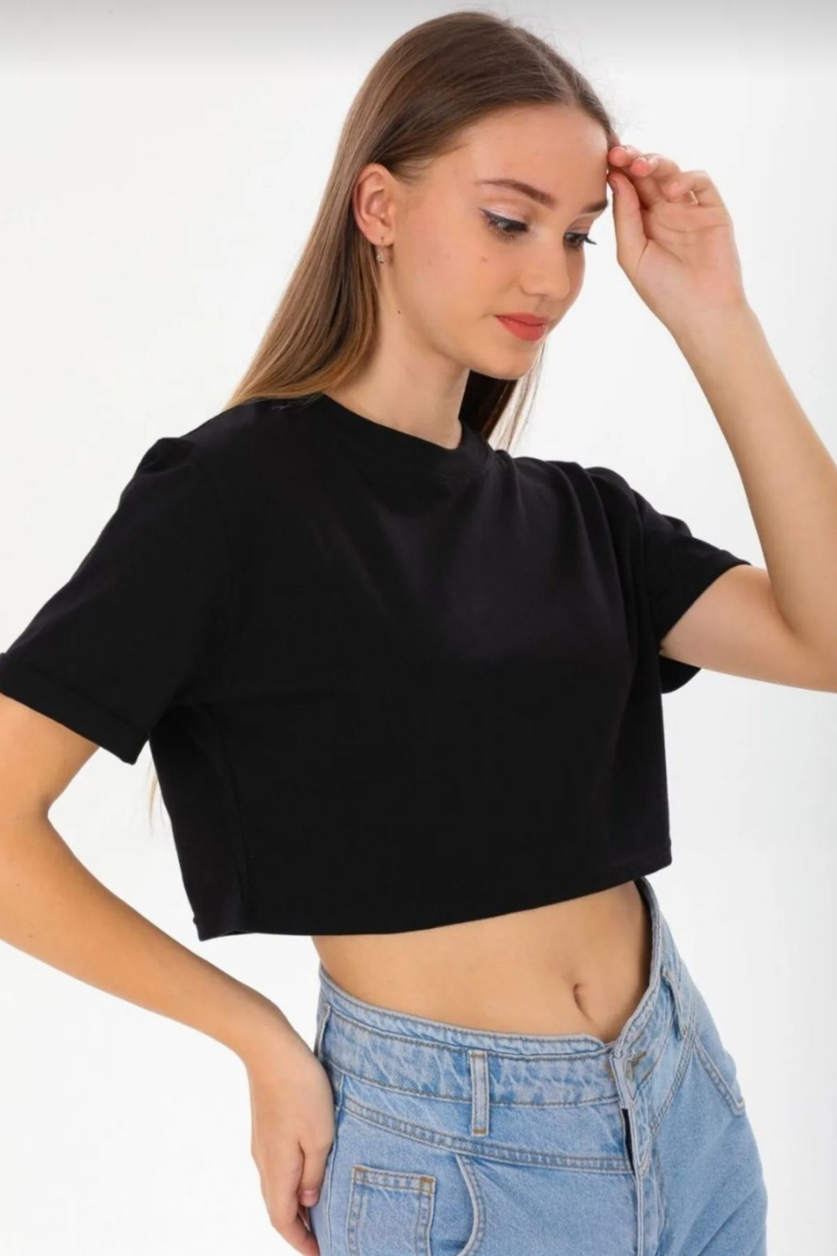 Kadın bisiklet yaka Duble kollu crop t-shirt