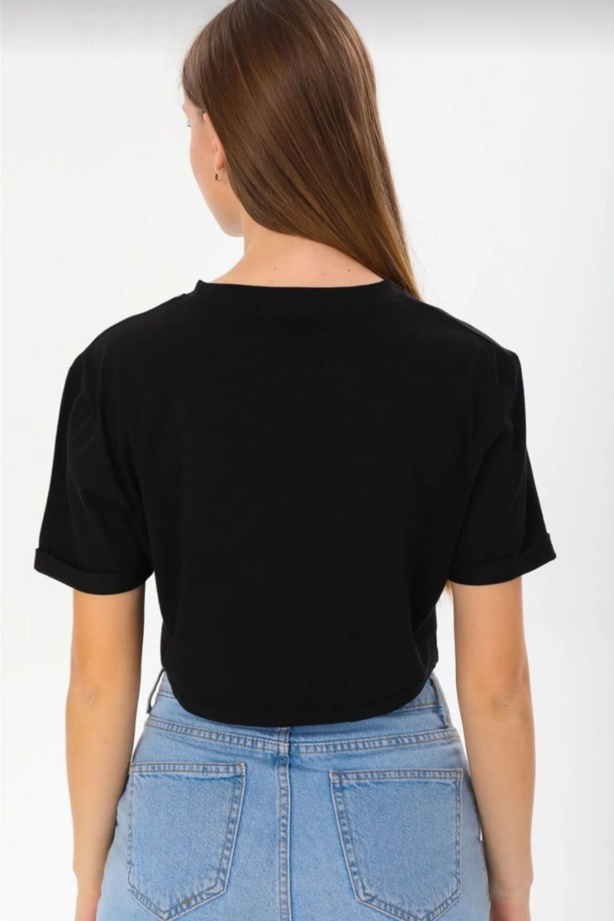 Kadın bisiklet yaka Duble kollu crop t-shirt
