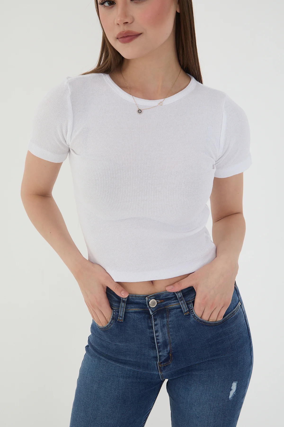 Kadın Bisiklet Yaka Fitilli Kısa Kol Body Crop Bluz