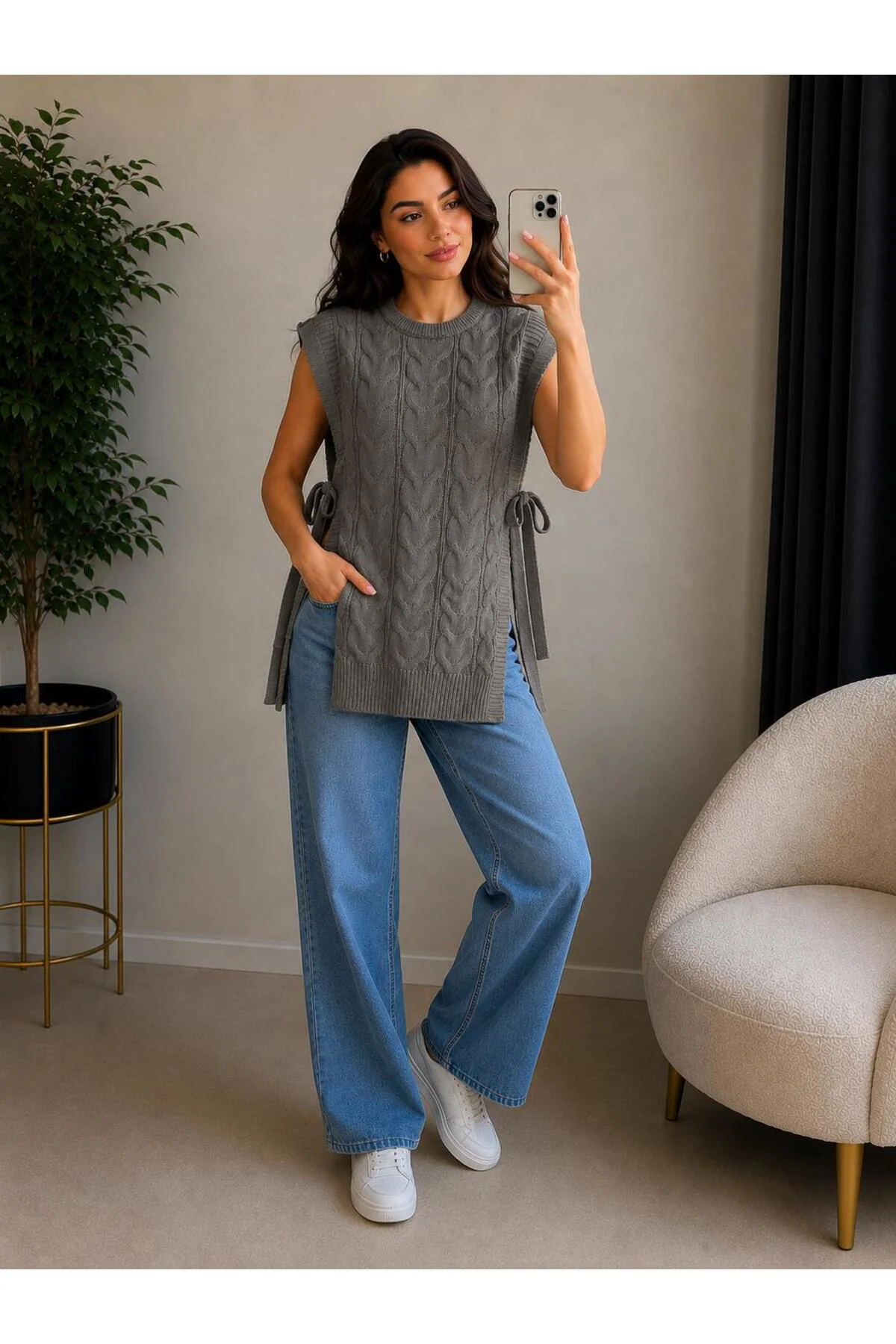 Kadın Bisiklet Yaka Yanları Açık Bağcıklı Oversize Triko Süveter