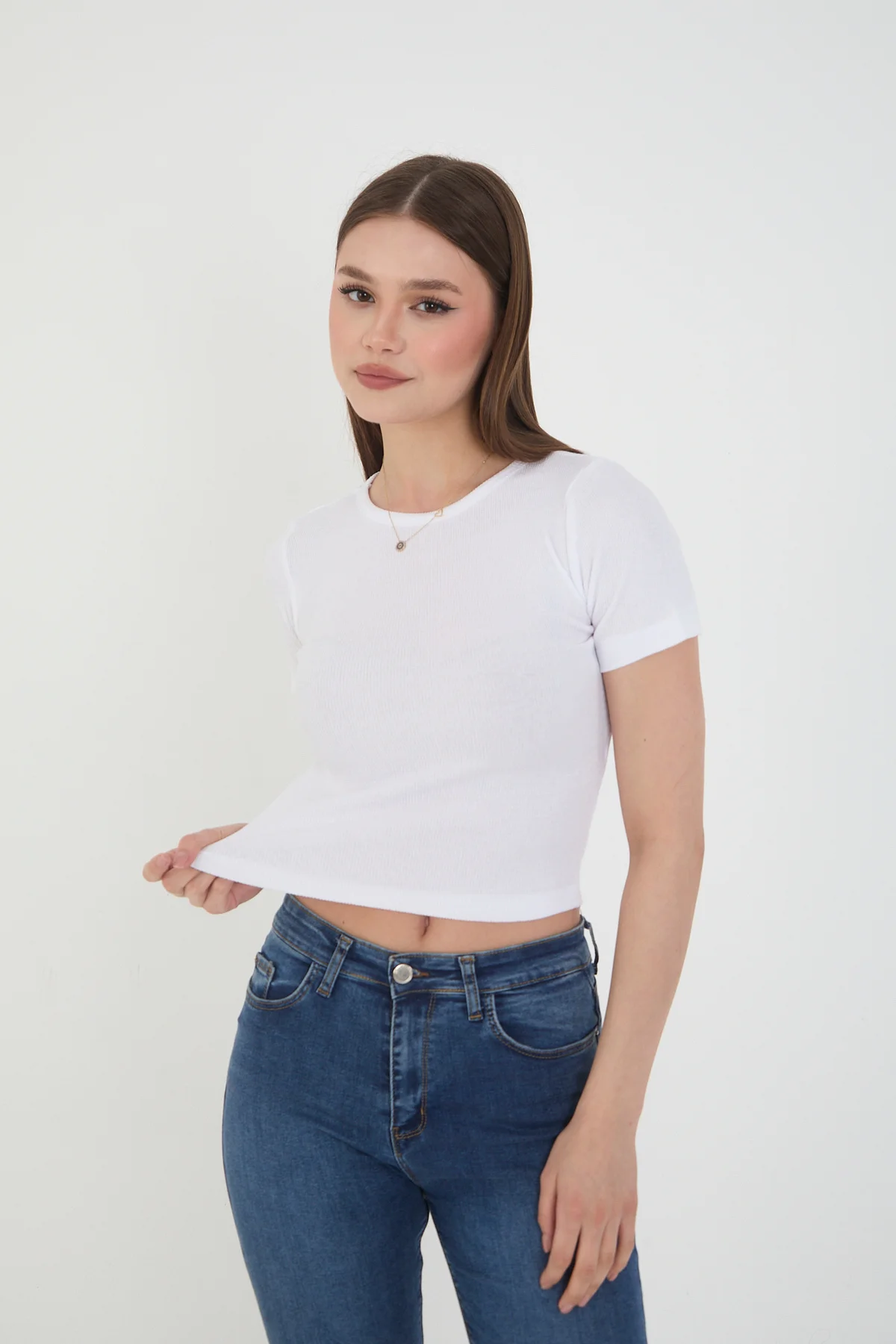 Kadın Bisiklet Yaka Fitilli Kısa Kol Body Crop Bluz