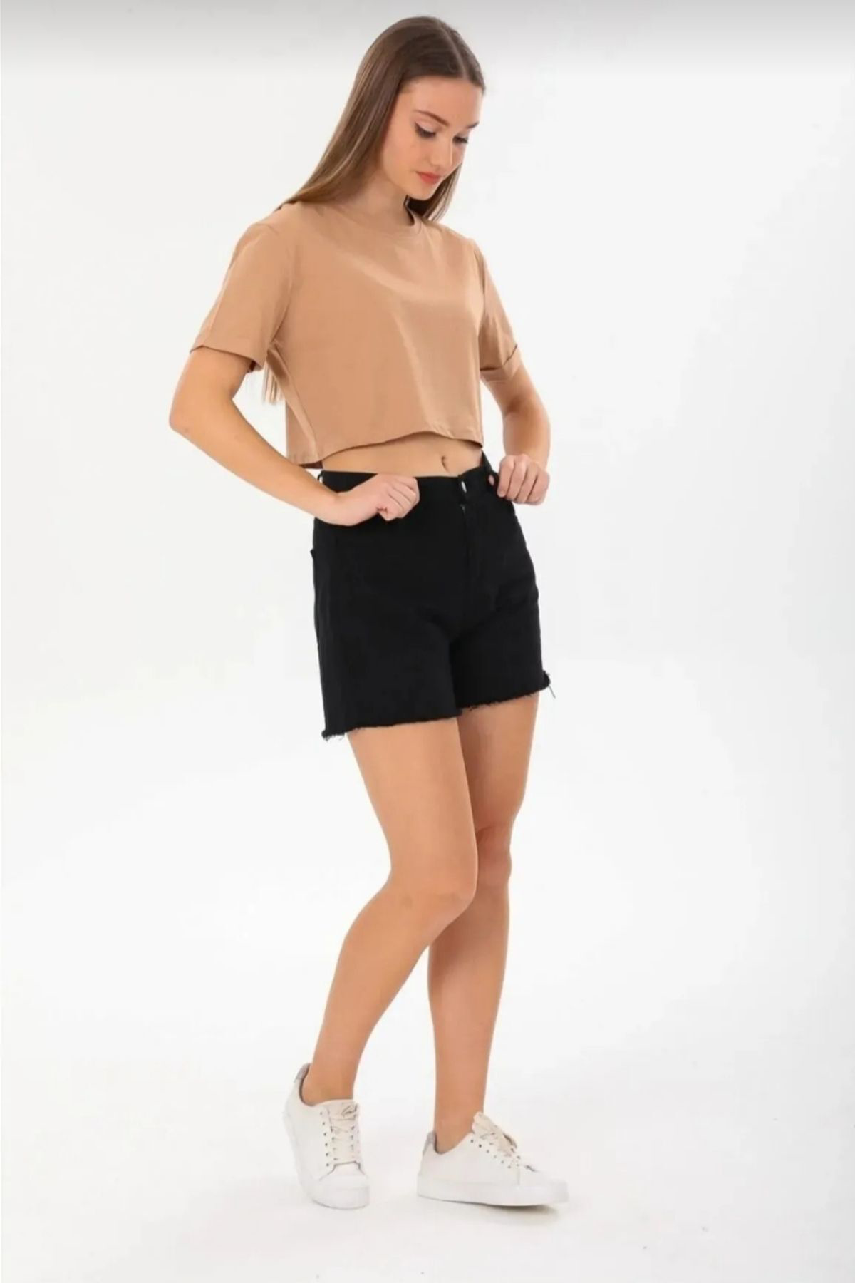 Kadın bisiklet yaka Duble kollu crop t-shirt