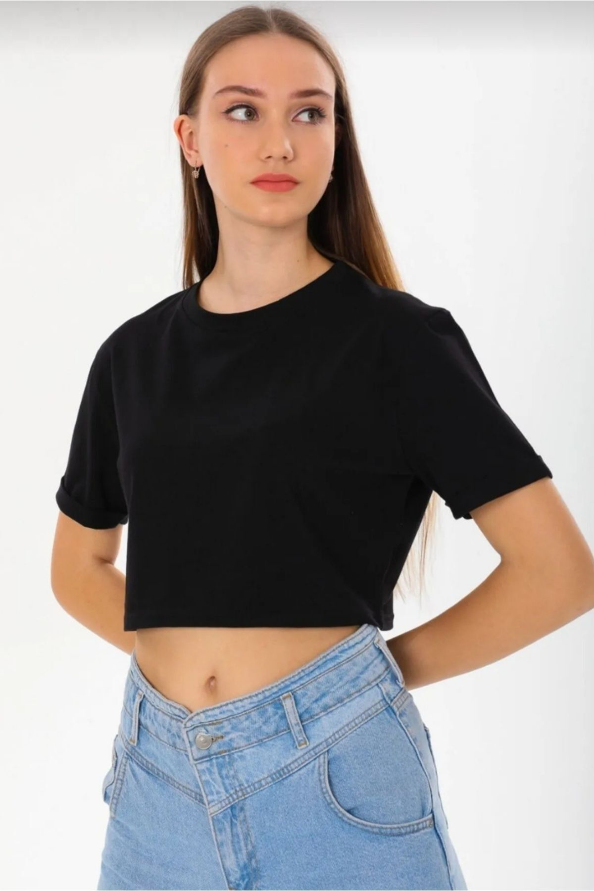 Kadın bisiklet yaka Duble kollu crop t-shirt