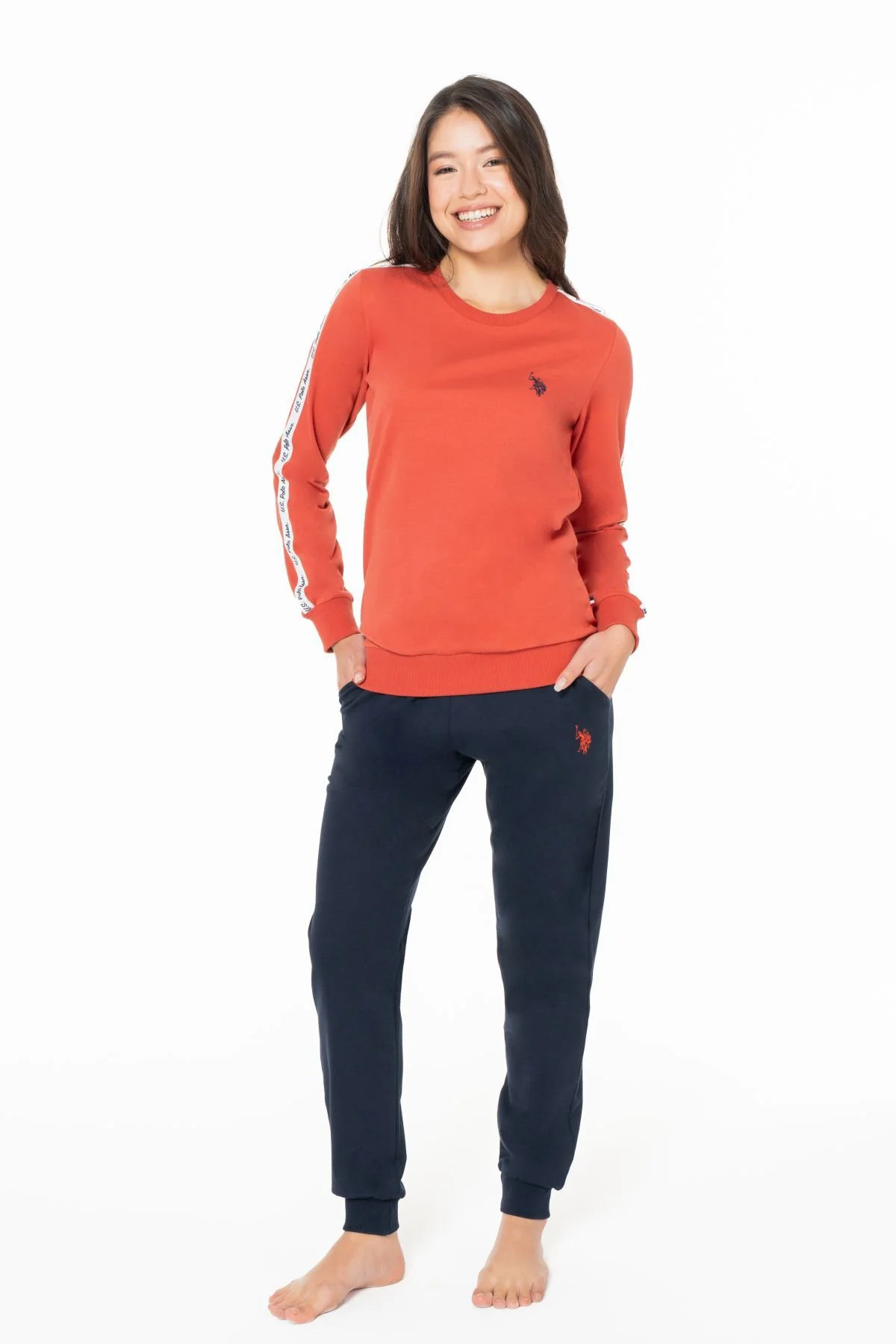 Kadın Bisiklet Yaka Uzun Kollu Pijama Takımı RAHAT KUMAŞ BANTLI P