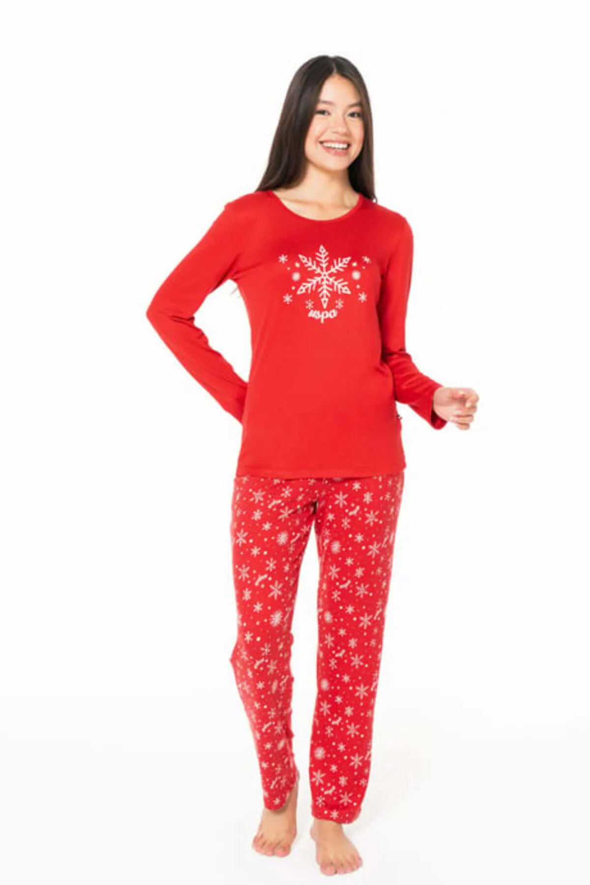 Kadın Bisiklet Yaka Uzun Kollu Desenli Pijama Takımı S26151 RAHAT
