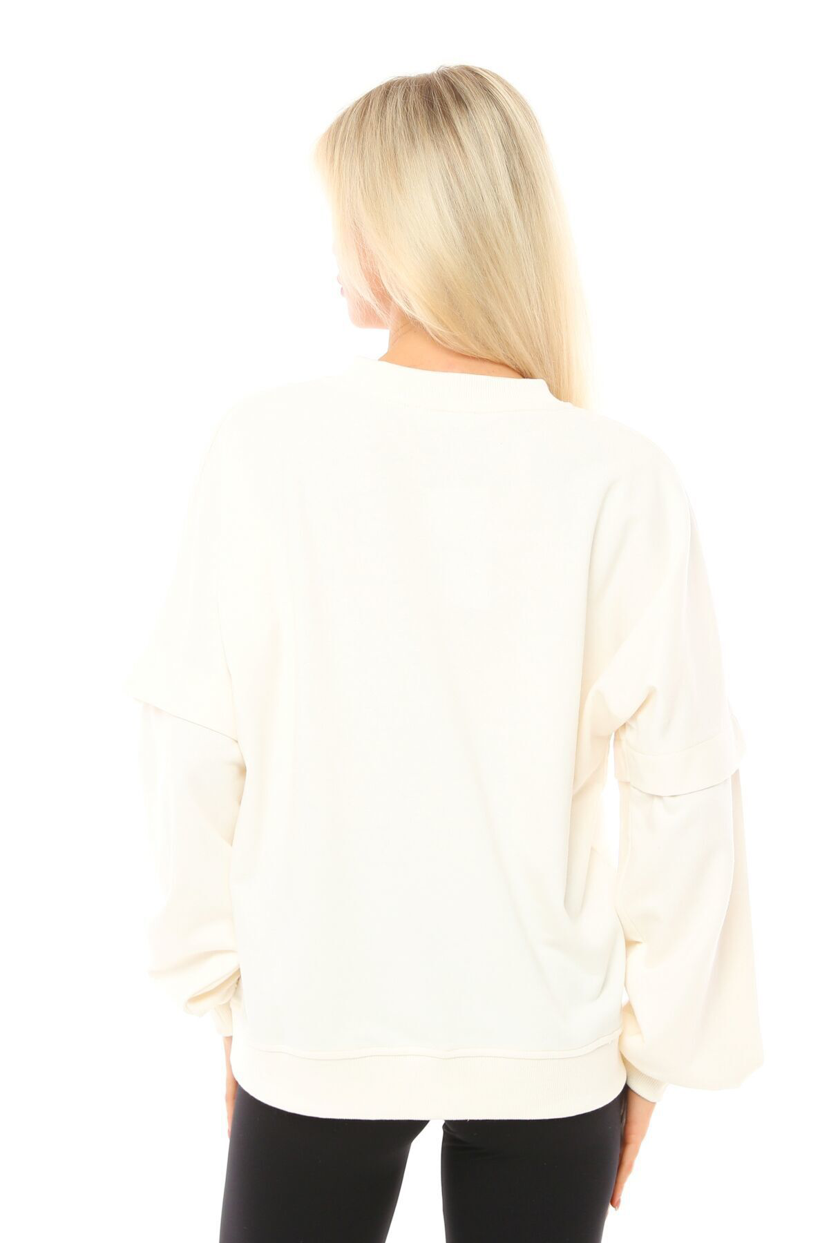 Defys Kadın Bisiklet Yaka Kol Detaylı Oversize Fit Basic Sweatshirt Ekr