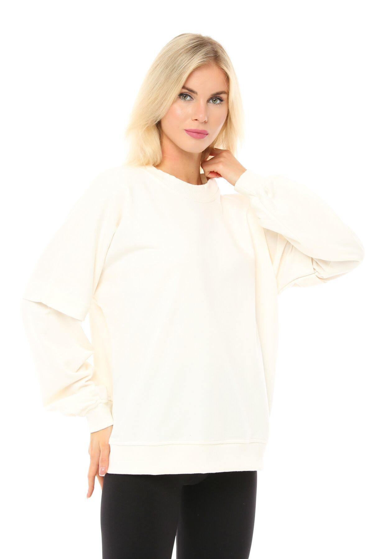 Defys Kadın Bisiklet Yaka Kol Detaylı Oversize Fit Basic Sweatshirt Ekr