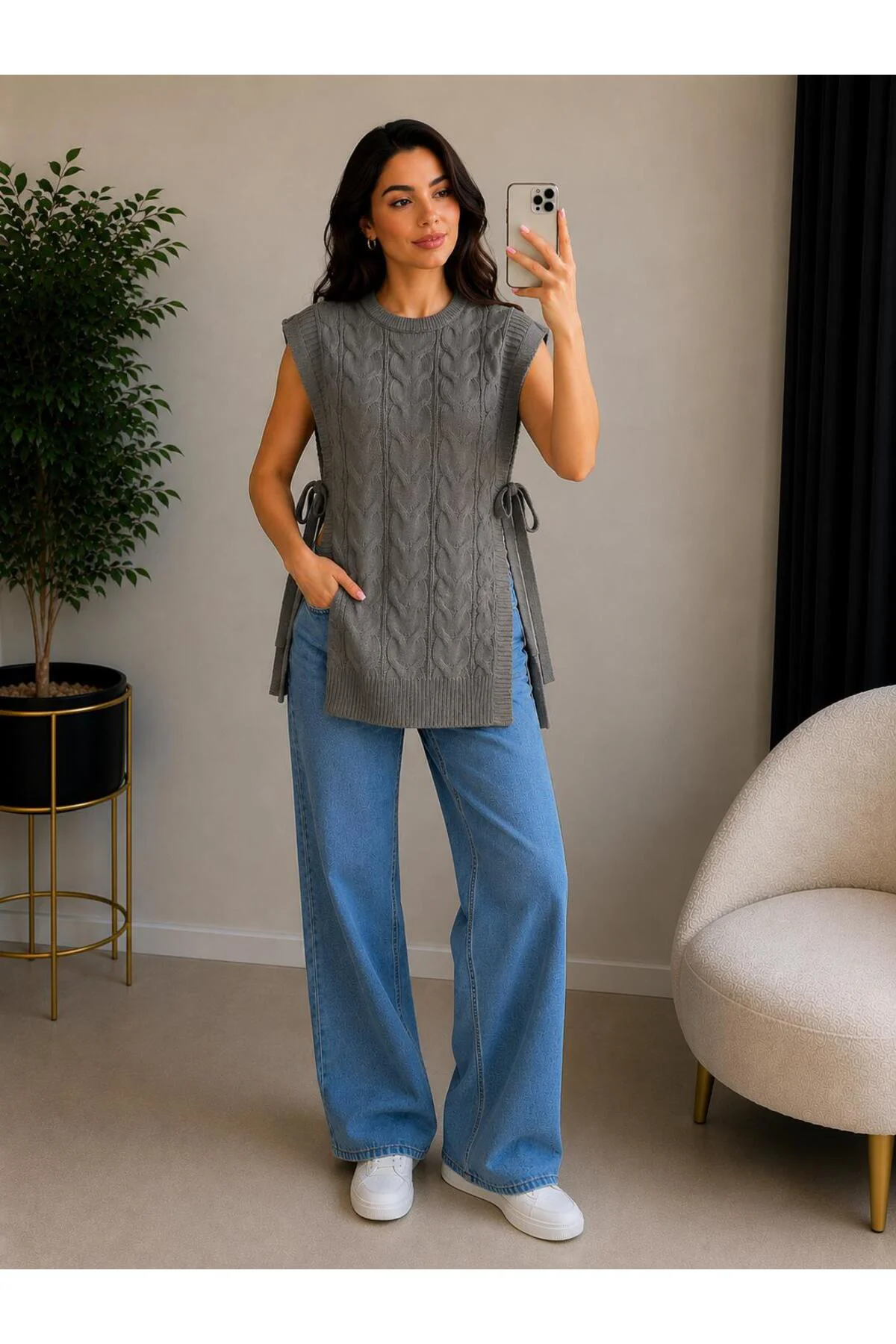 Kadın Bisiklet Yaka Yanları Açık Bağcıklı Oversize Triko Süveter