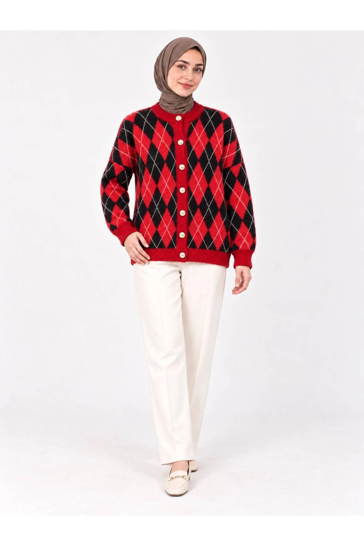 Kadın Bisiklet Yaka 7 Düğmeli Baklava Desenli Sakallı Tüylü Triko Hırka-KIRMIZI - Görsel 3