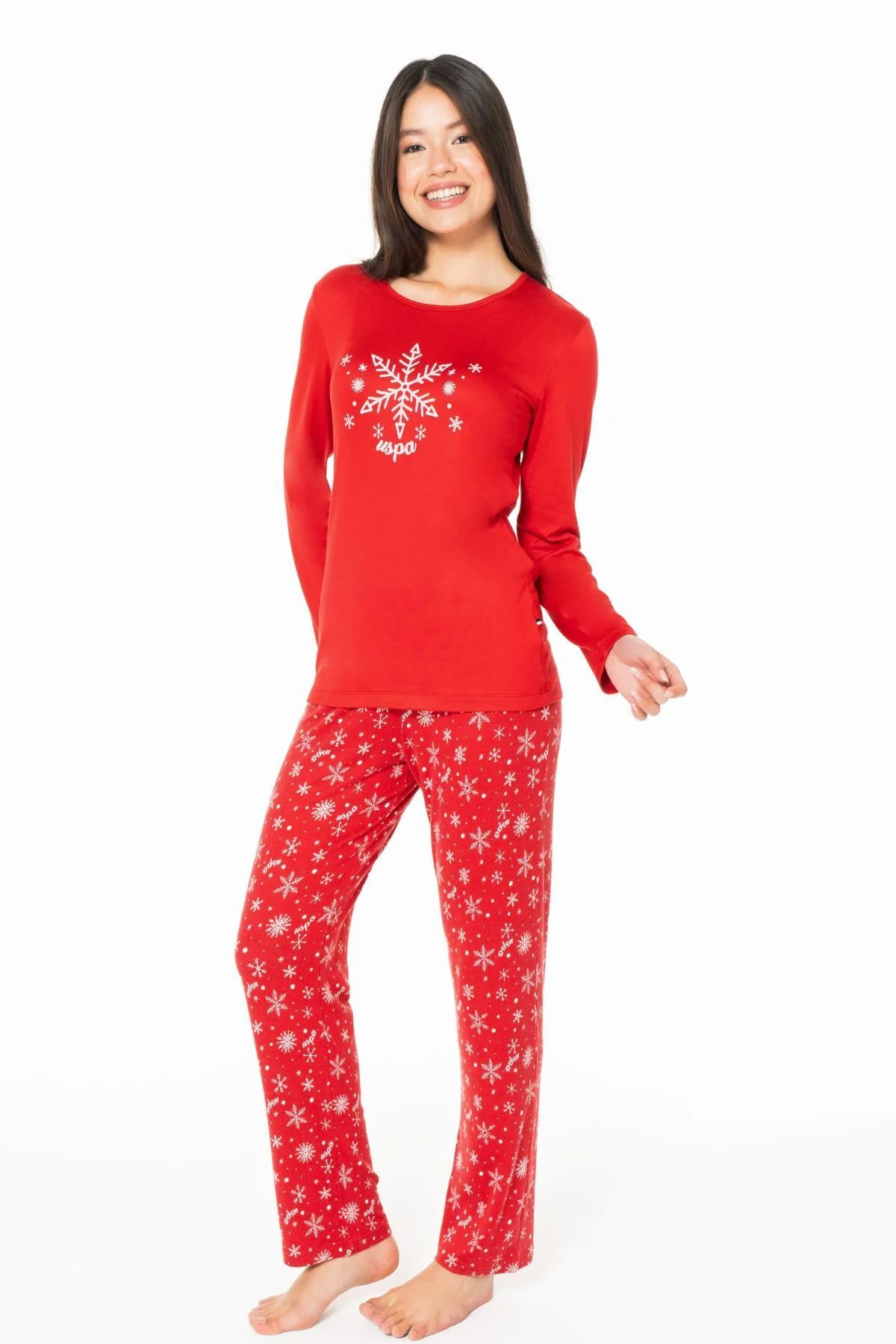 Kadın Bisiklet Yaka Uzun Kollu Desenli Pijama Takımı S26151 RAHAT
