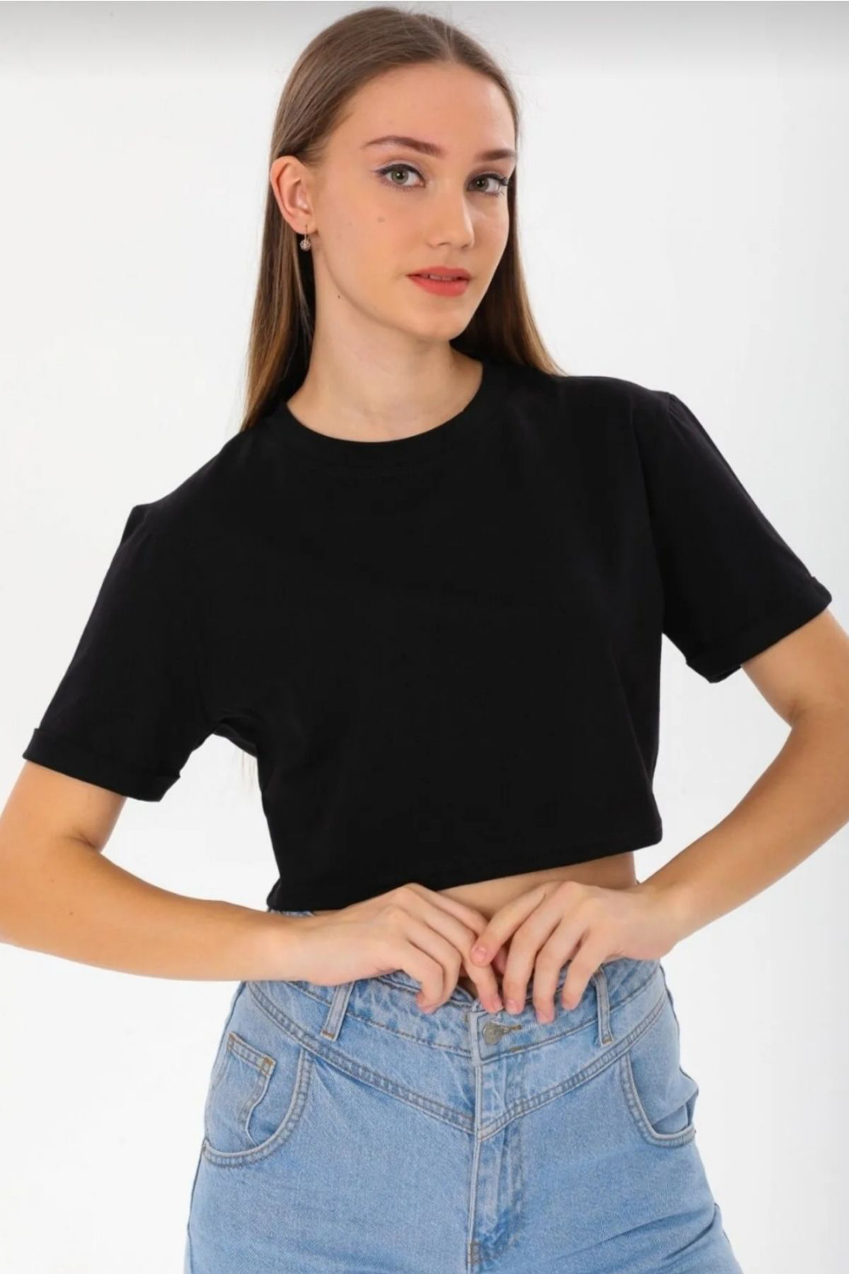 Kadın bisiklet yaka Duble kollu crop t-shirt