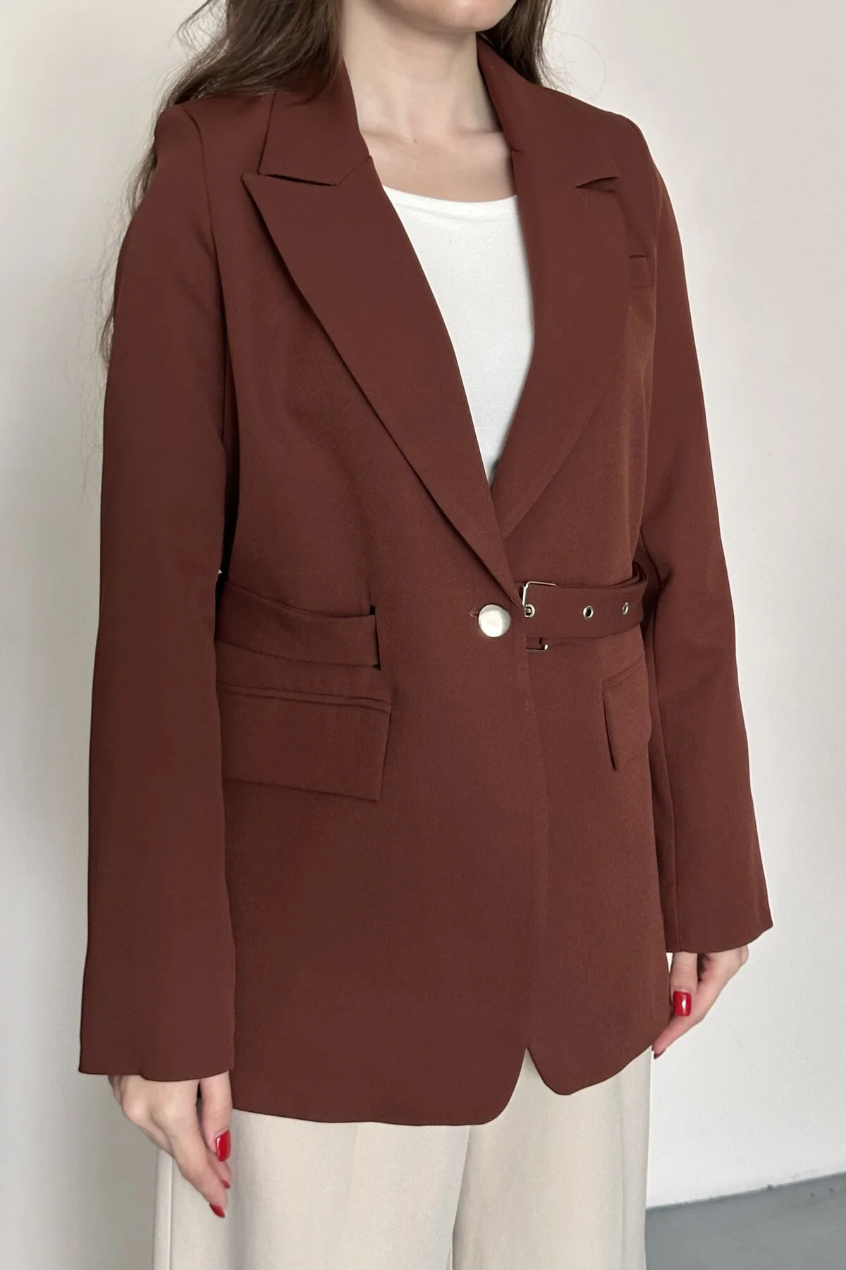 Kadın Blazer Ceket Kemerli Şık Model – Tek Düğmeli, Rahat Kalıp C