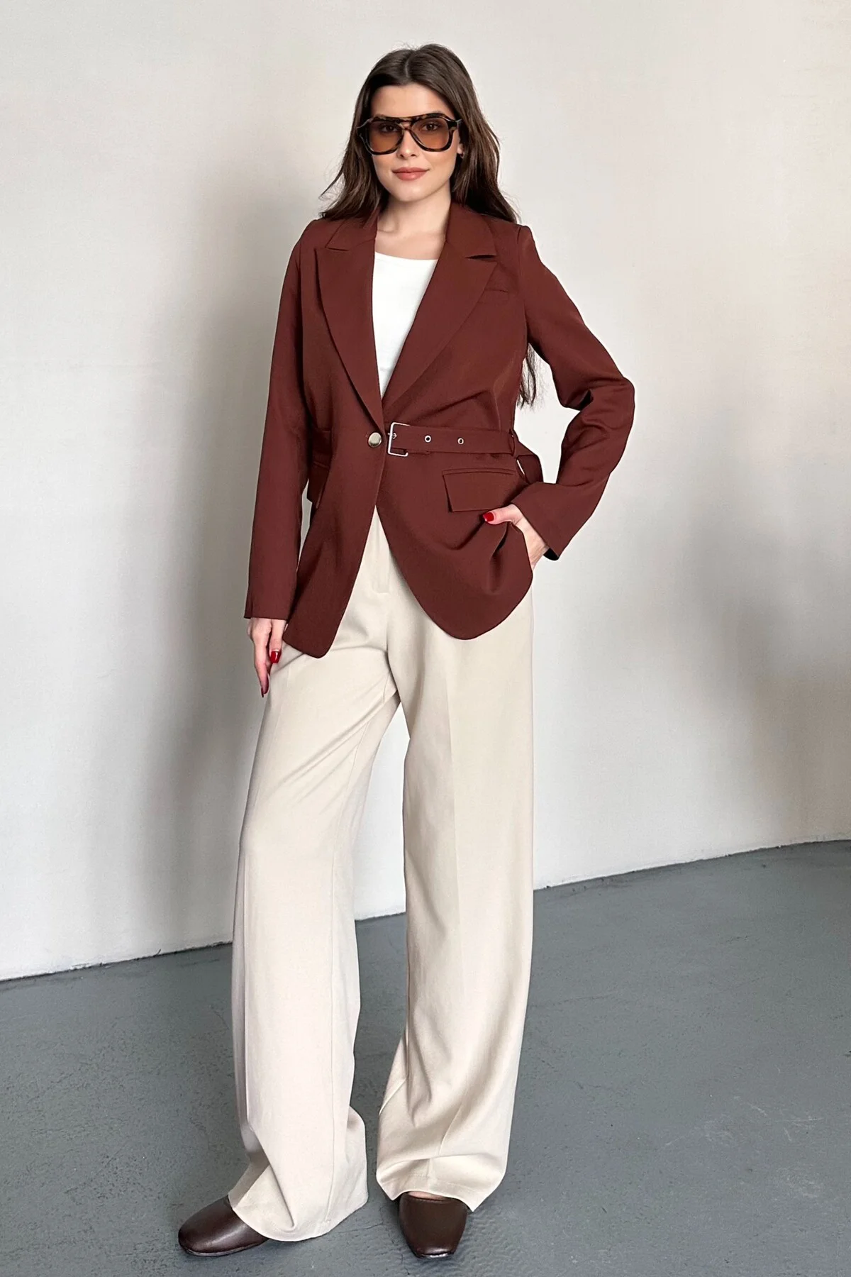 Kadın Blazer Ceket Kemerli Şık Model – Tek Düğmeli, Rahat Kalıp C