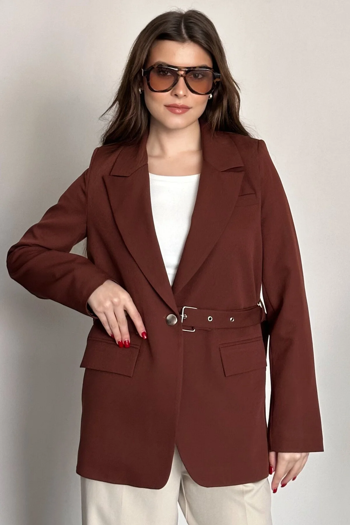 Kadın Blazer Ceket Kemerli Şık Model – Tek Düğmeli, Rahat Kalıp C
