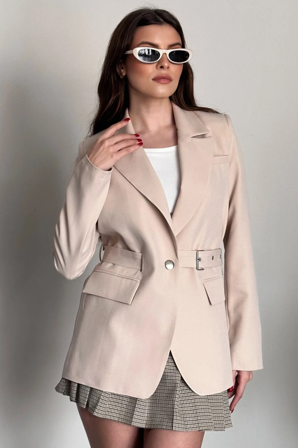 Kadın Blazer Ceket Kemerli Şık Model – Tek Düğmeli, Rahat Kalıp C