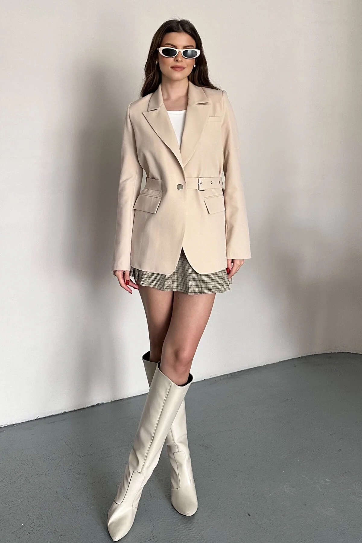 Kadın Blazer Ceket Kemerli Şık Model – Tek Düğmeli, Rahat Kalıp C