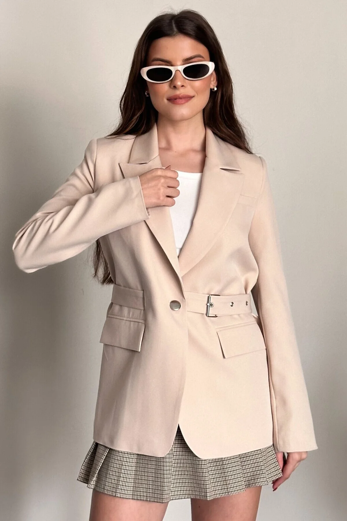 Kadın Blazer Ceket Kemerli Şık Model – Tek Düğmeli, Rahat Kalıp C