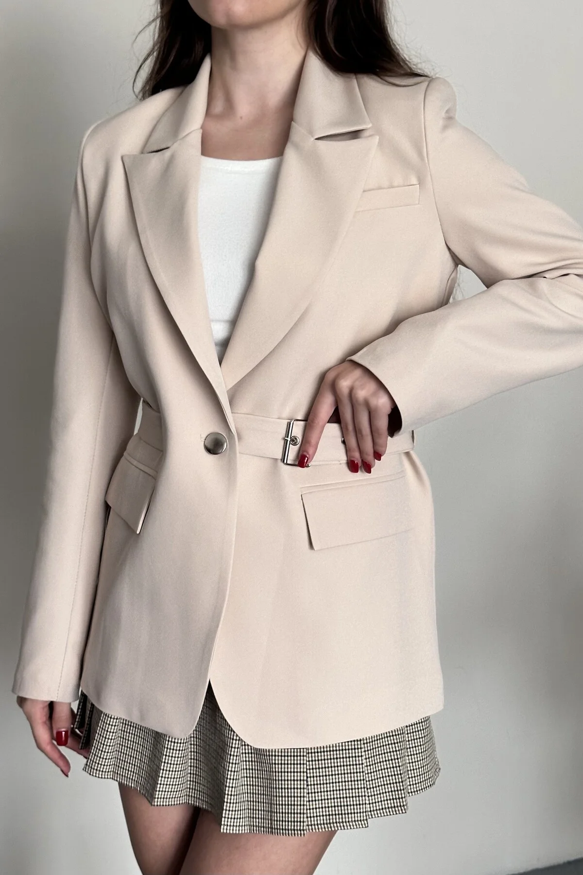 Kadın Blazer Ceket Kemerli Şık Model – Tek Düğmeli, Rahat Kalıp C