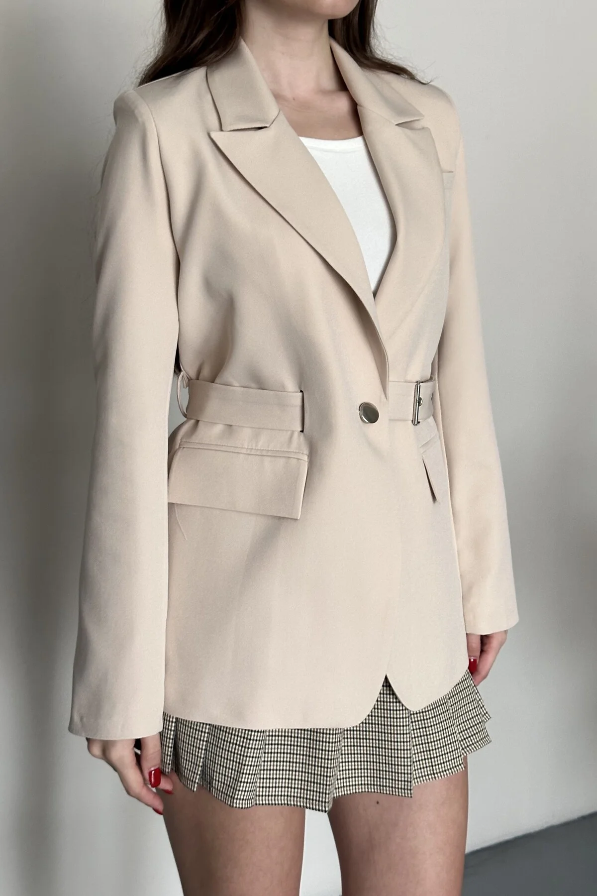 Kadın Blazer Ceket Kemerli Şık Model – Tek Düğmeli, Rahat Kalıp C