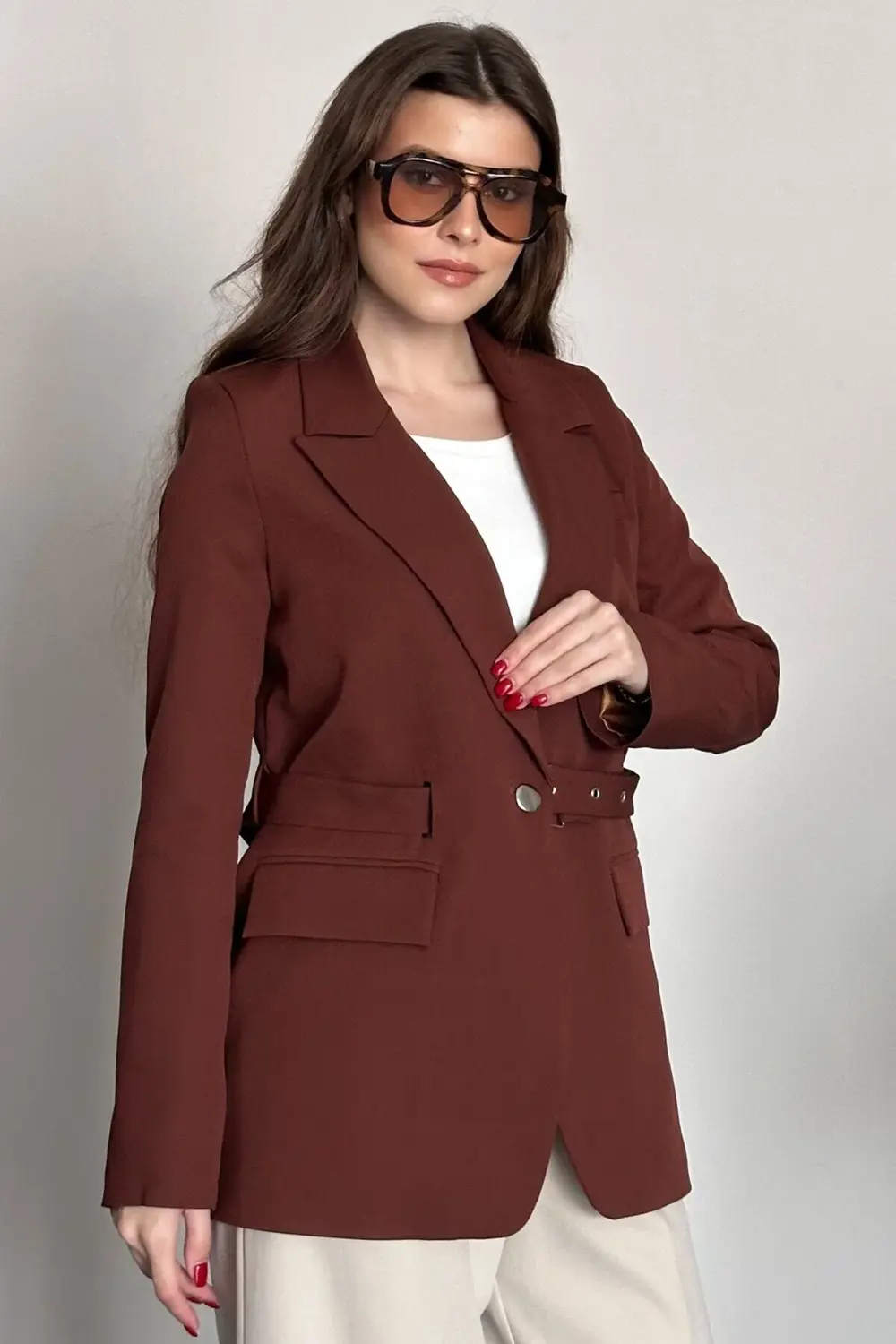 Kadın Blazer Ceket Kemerli Şık Model – Tek Düğmeli, Rahat Kalıp C