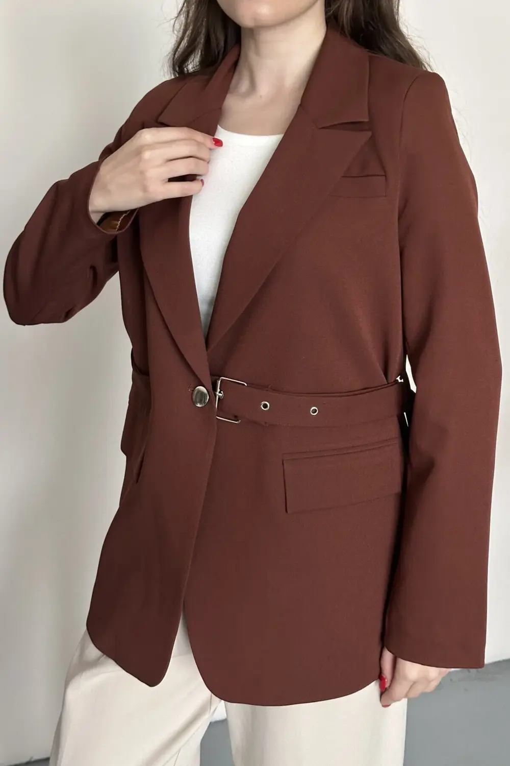 Kadın Blazer Ceket Kemerli Şık Model – Tek Düğmeli, Rahat Kalıp C