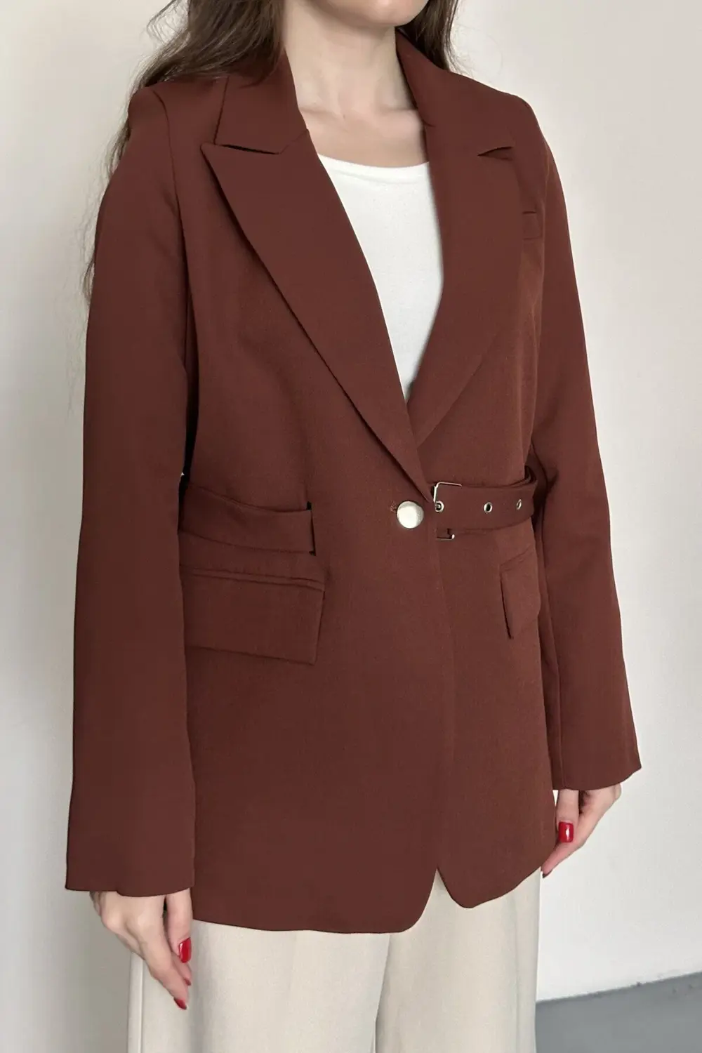 Kadın Blazer Ceket Kemerli Şık Model – Tek Düğmeli, Rahat Kalıp C