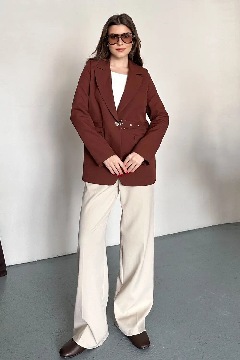 Kadın Blazer Ceket Kemerli Şık Model – Tek Düğmeli, Rahat Kalıp C