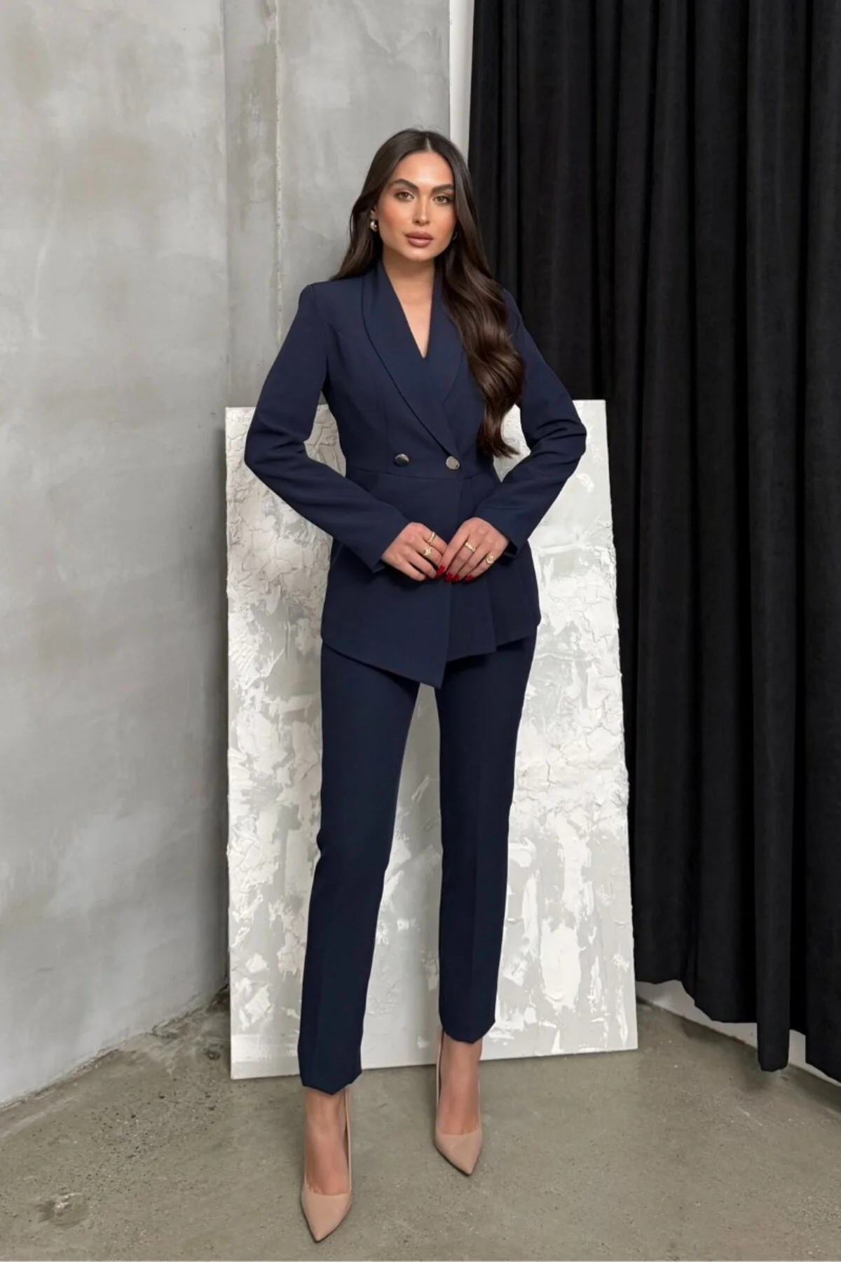 Kadın Blazer Ceket Pantolon Takım Lacivert Pile Detaylı Boru Paça