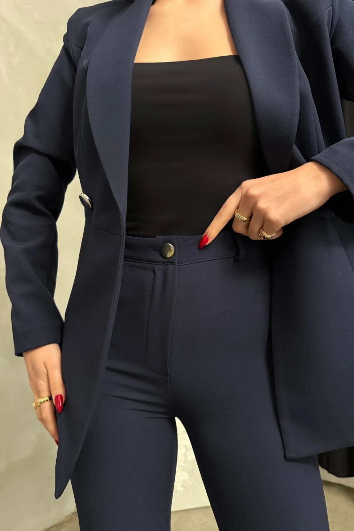 Kadın Blazer Ceket Pantolon Takım Lacivert Pile Detaylı Boru Paça