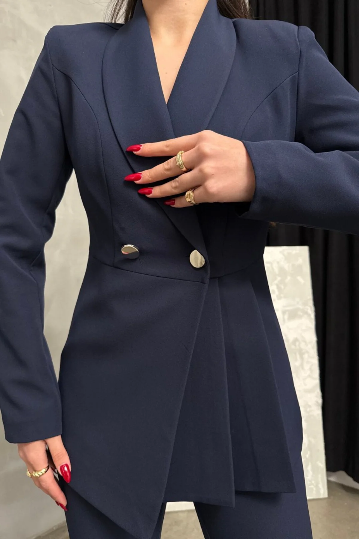 Kadın Blazer Ceket Pantolon Takım Lacivert Pile Detaylı Boru Paça