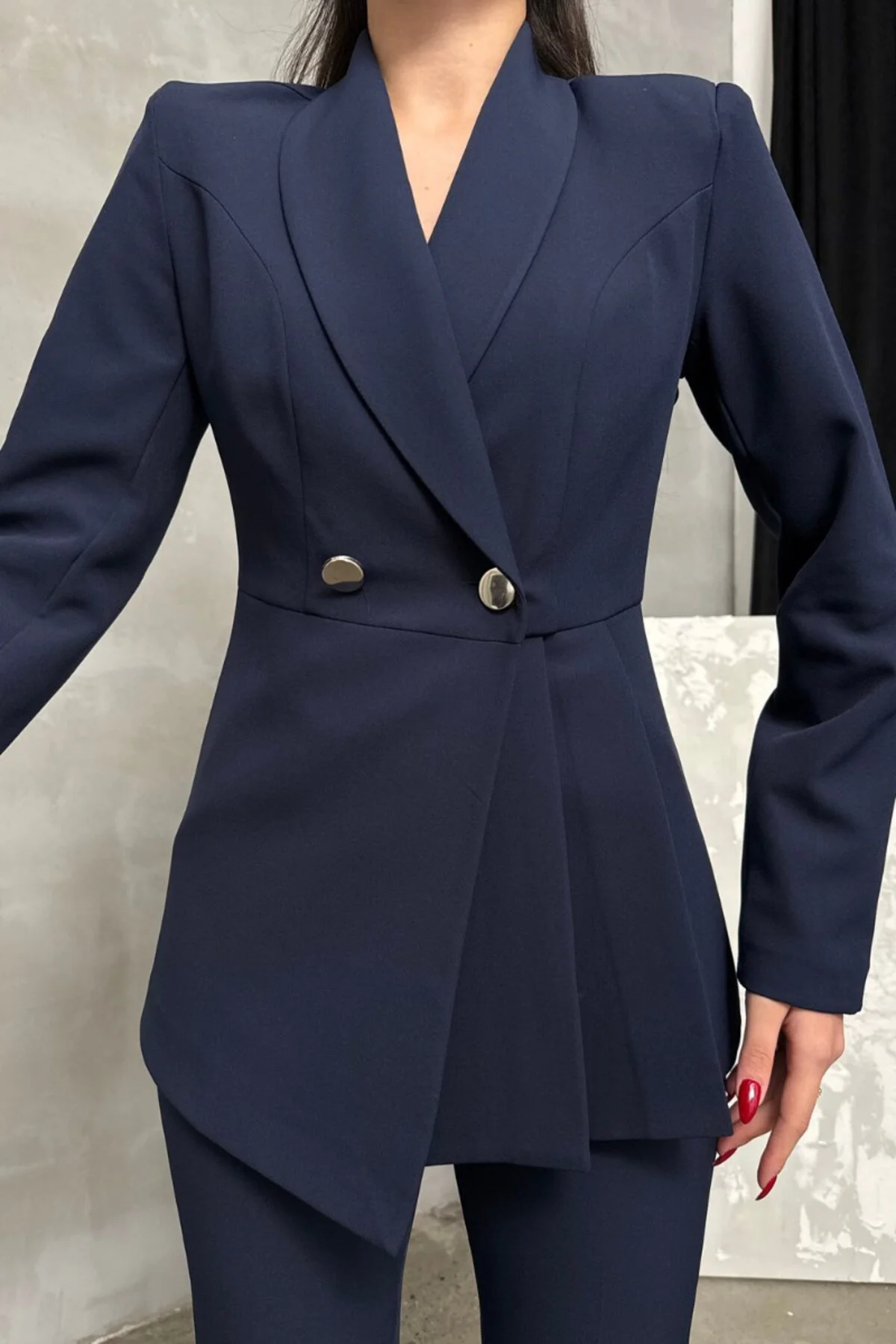 Kadın Blazer Ceket Pantolon Takım Lacivert Pile Detaylı Boru Paça