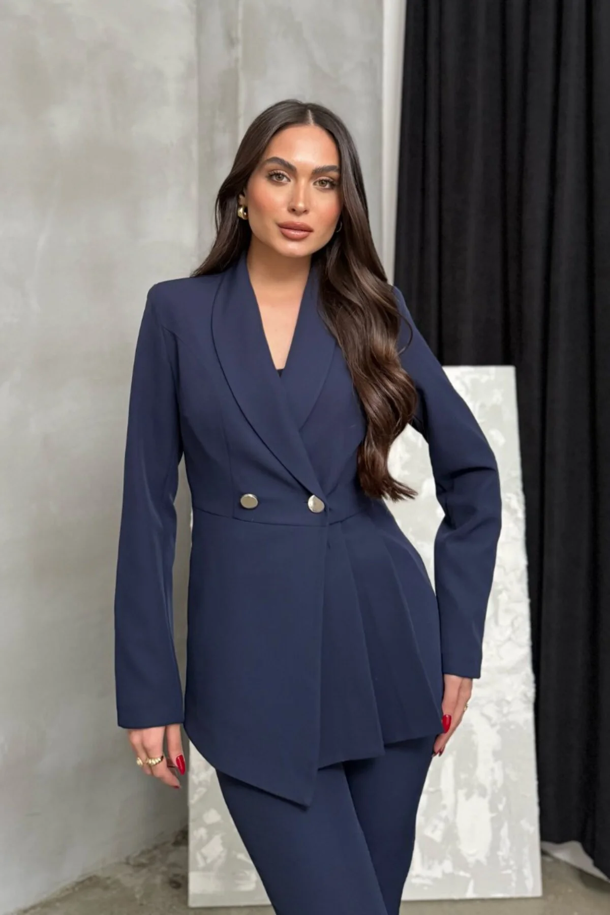 Kadın Blazer Ceket Pantolon Takım Lacivert Pile Detaylı Boru Paça