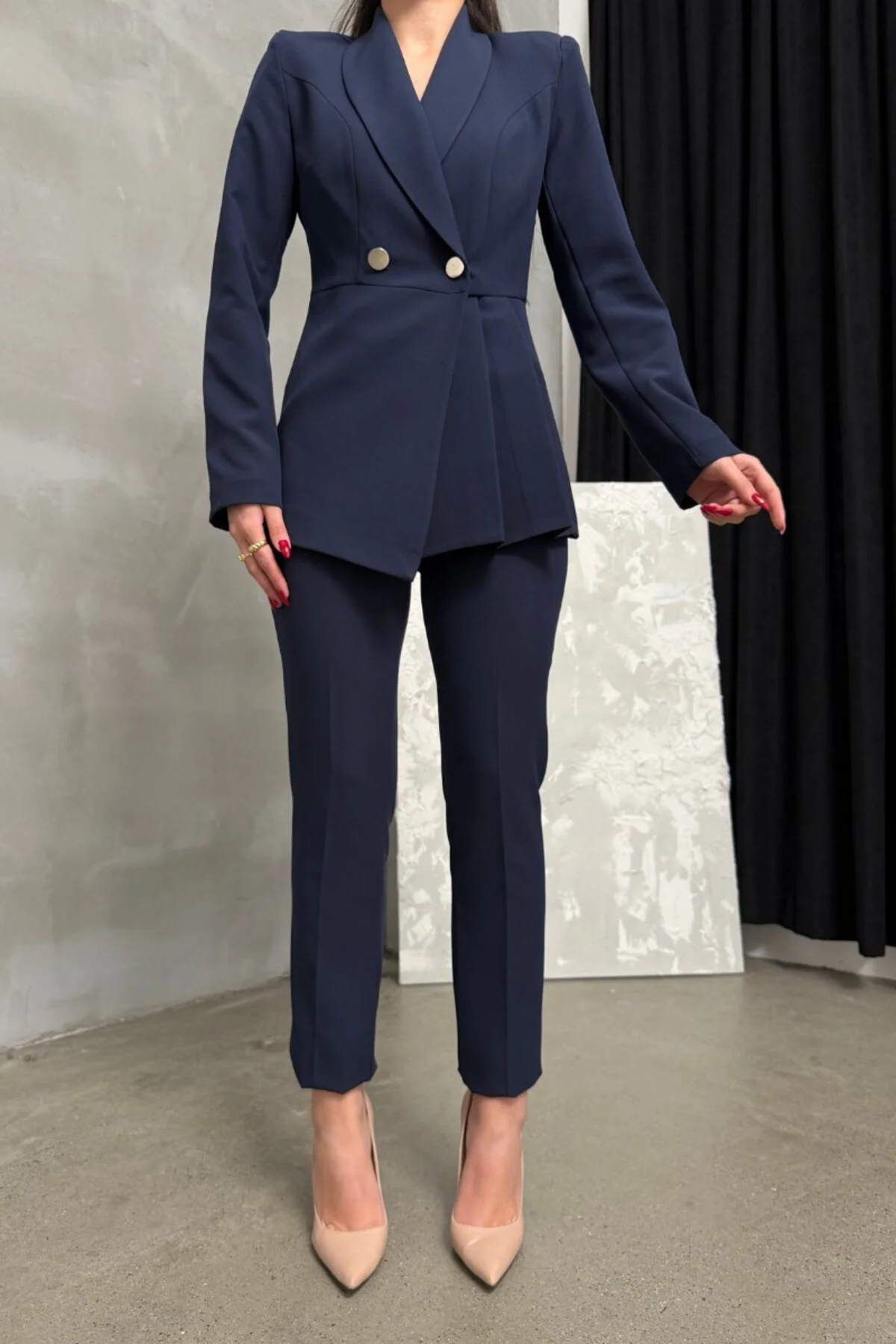 Kadın Blazer Ceket Pantolon Takım Lacivert Pile Detaylı Boru Paça