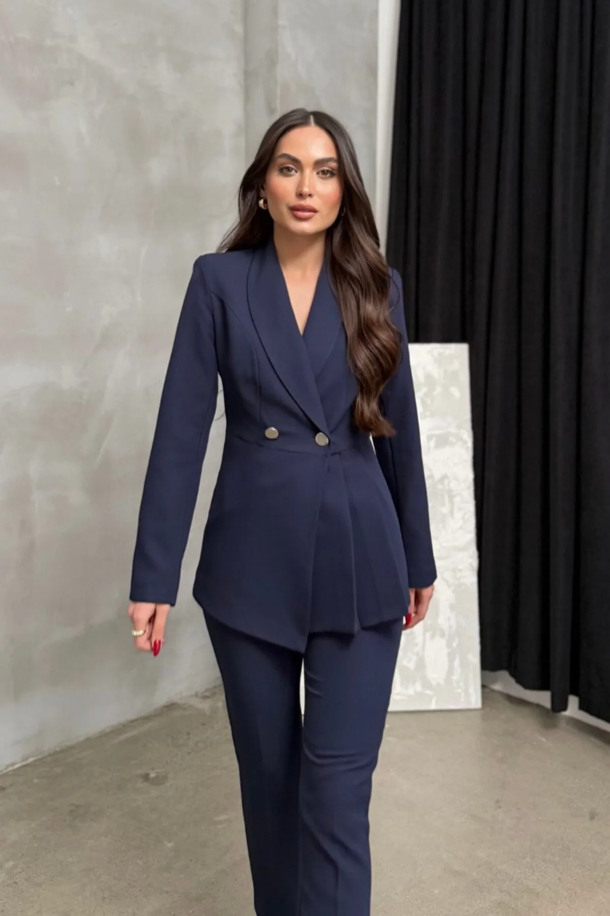 Kadın Blazer Ceket Pantolon Takım Lacivert Pile Detaylı Boru Paça