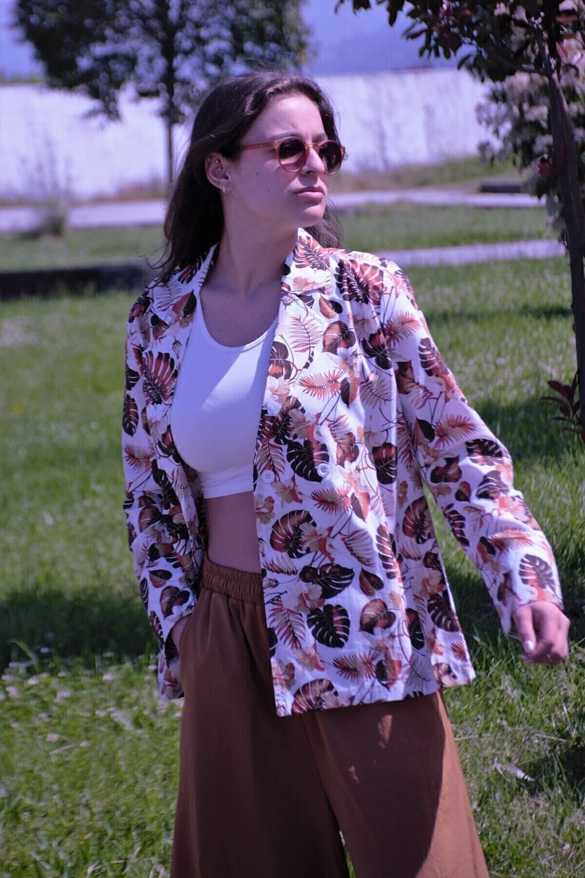 Kadın Bol Kesim Keten Oversize Rahat Ceket Kahverengi 3371200