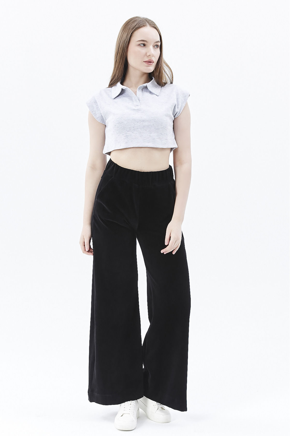 Defys Kadın Bol Paça Cepli Kadife Oversize Fit Pantolon Siyah