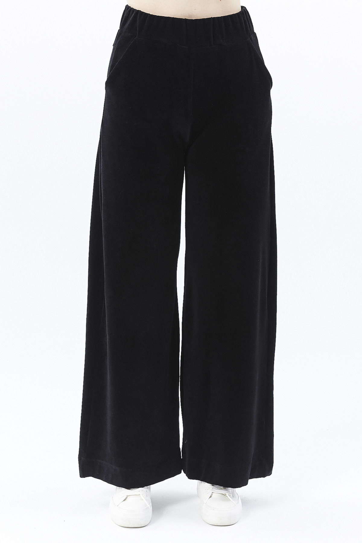 Defys Kadın Bol Paça Cepli Kadife Oversize Fit Pantolon Siyah