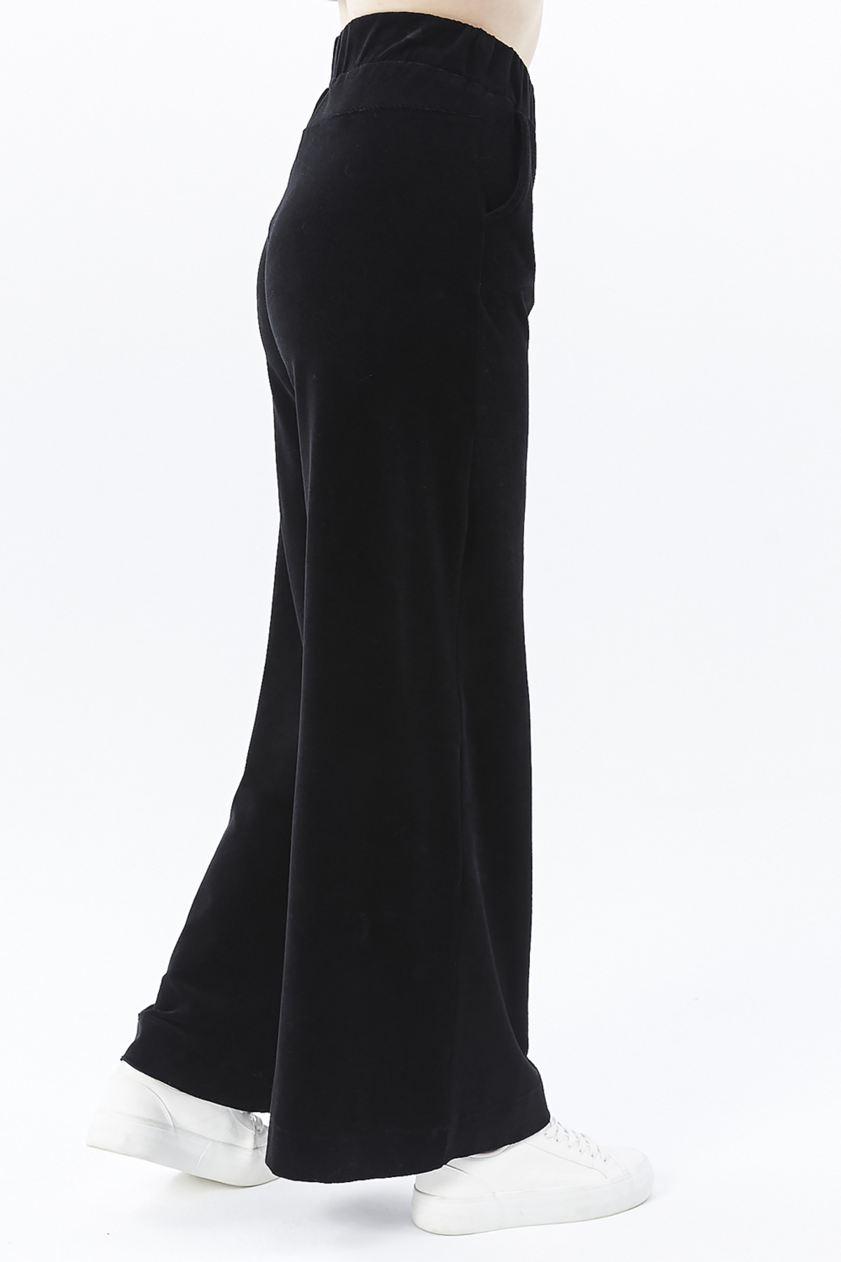 Defys Kadın Bol Paça Cepli Kadife Oversize Fit Pantolon Siyah