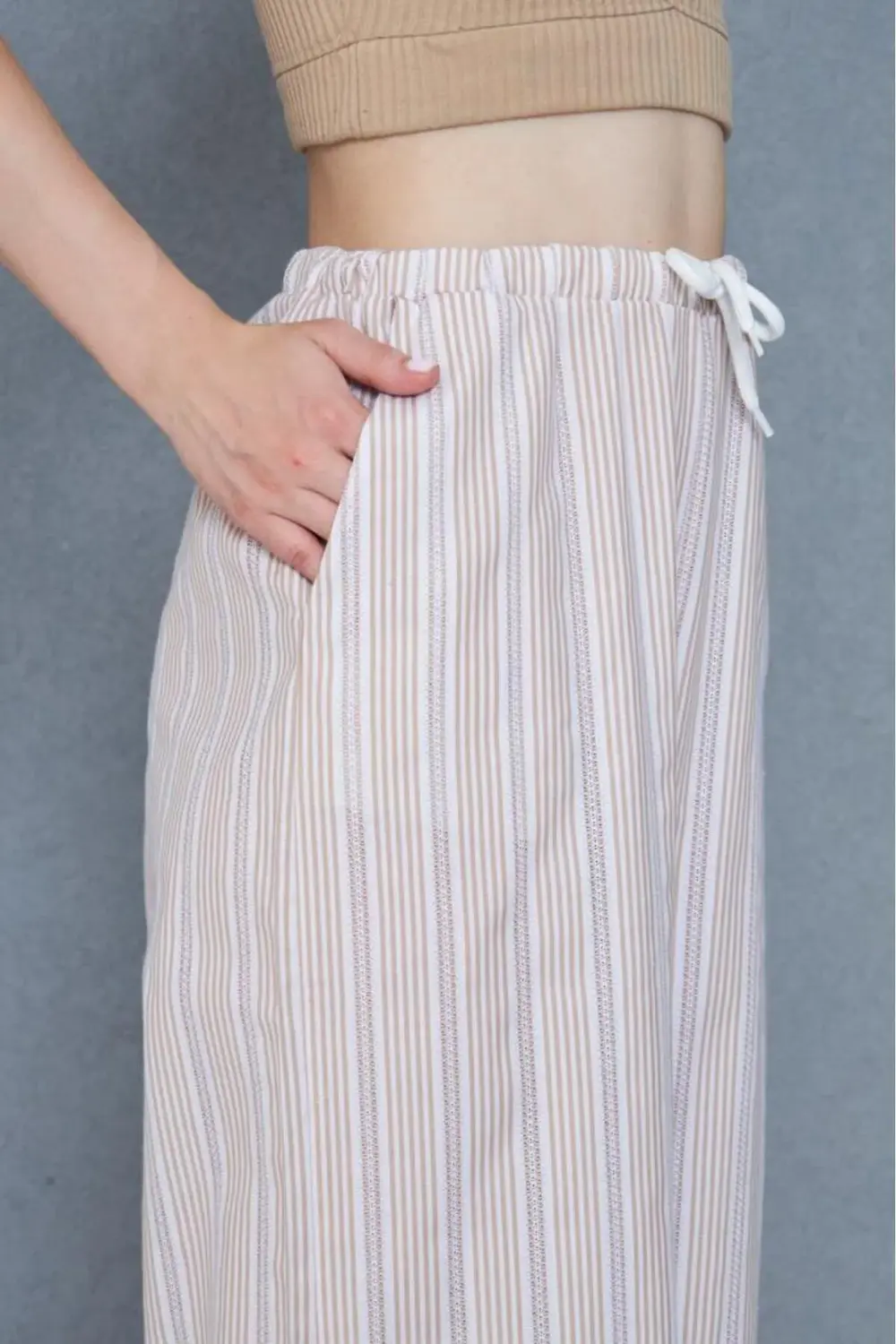 Kadın Bol Paça Poplin Pantolon – Cepli, Beli Bağcıklı, Fisto Deta