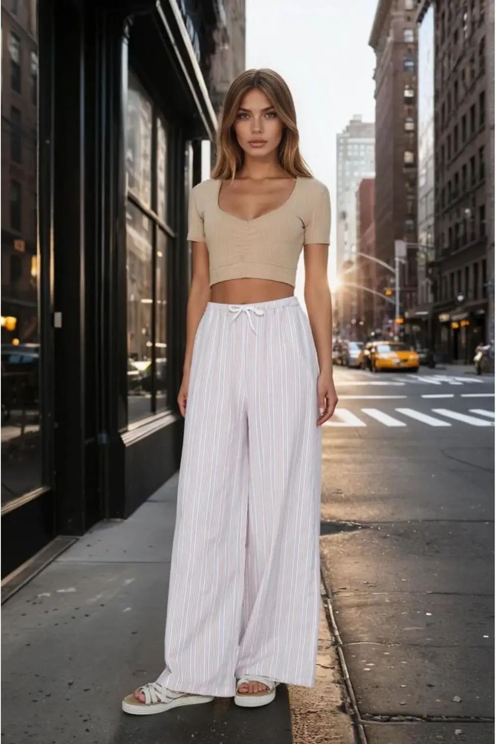 Kadın Bol Paça Poplin Pantolon – Cepli, Beli Bağcıklı, Fisto Deta