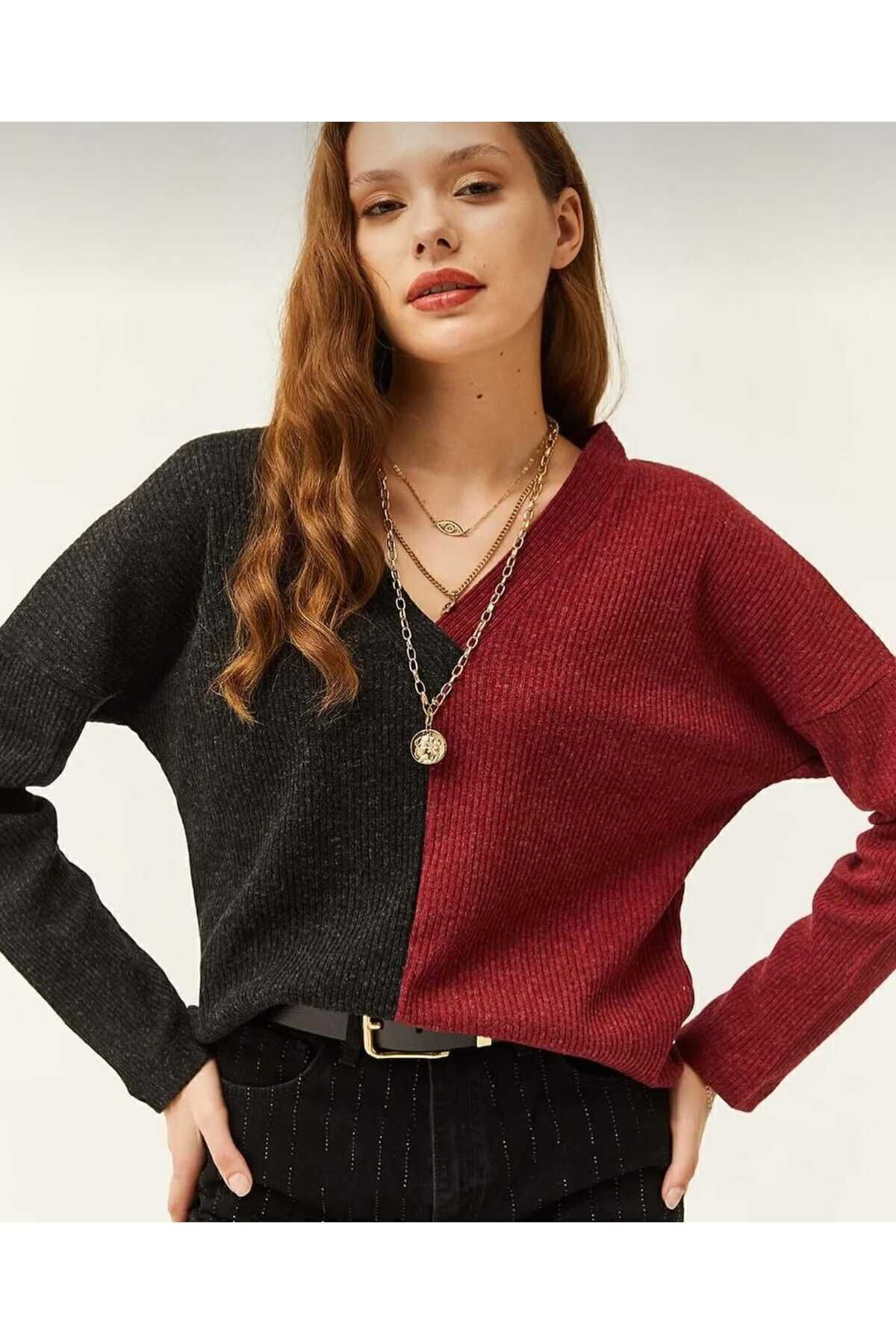 Pasaklı Giyim Kadın Bordo Antrasit V Yaka Uzun Kollu İki Renkli Kışlık Kazak 27