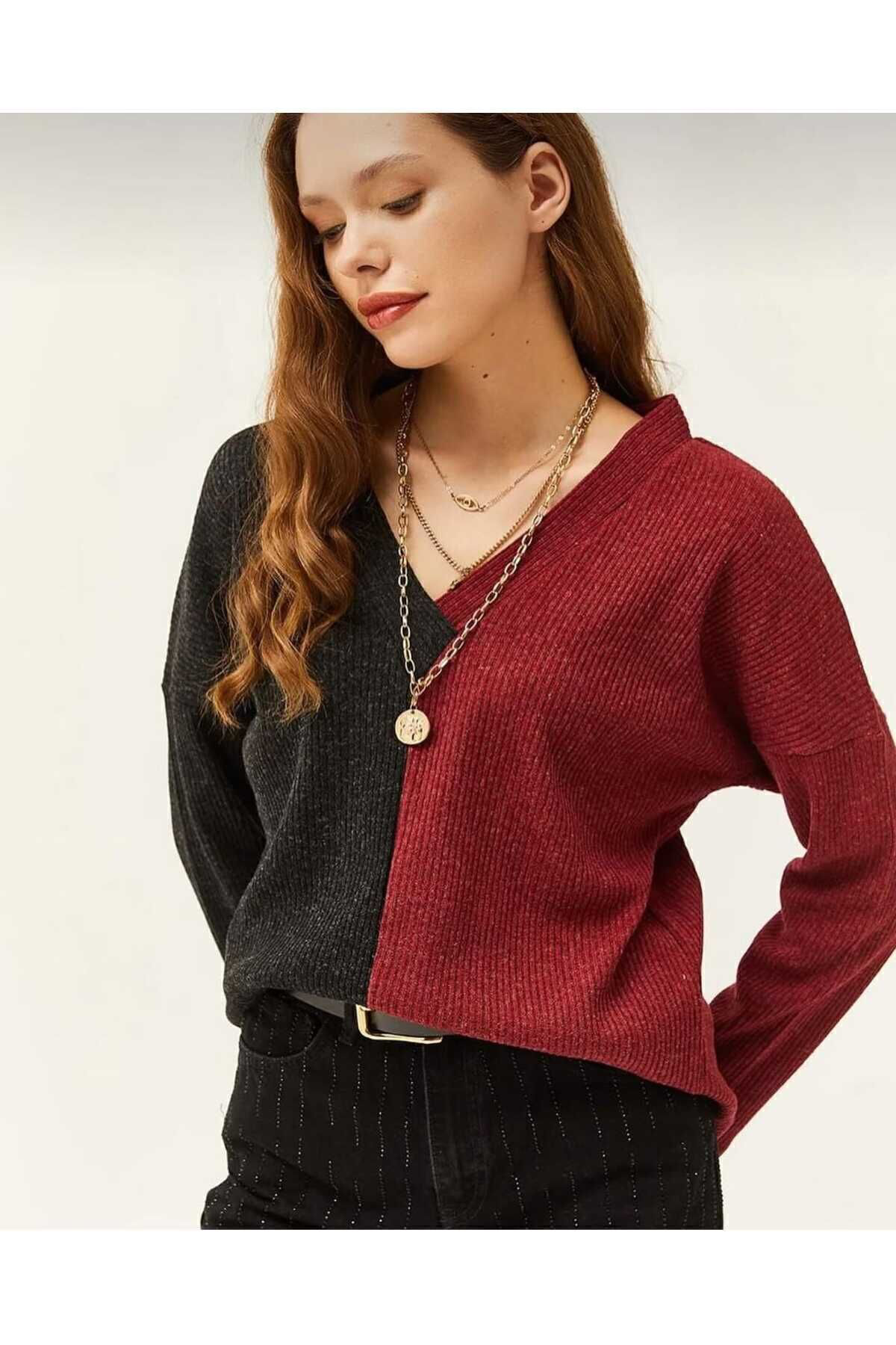 Pasaklı Giyim Kadın Bordo Antrasit V Yaka Uzun Kollu İki Renkli Kışlık Kazak 27