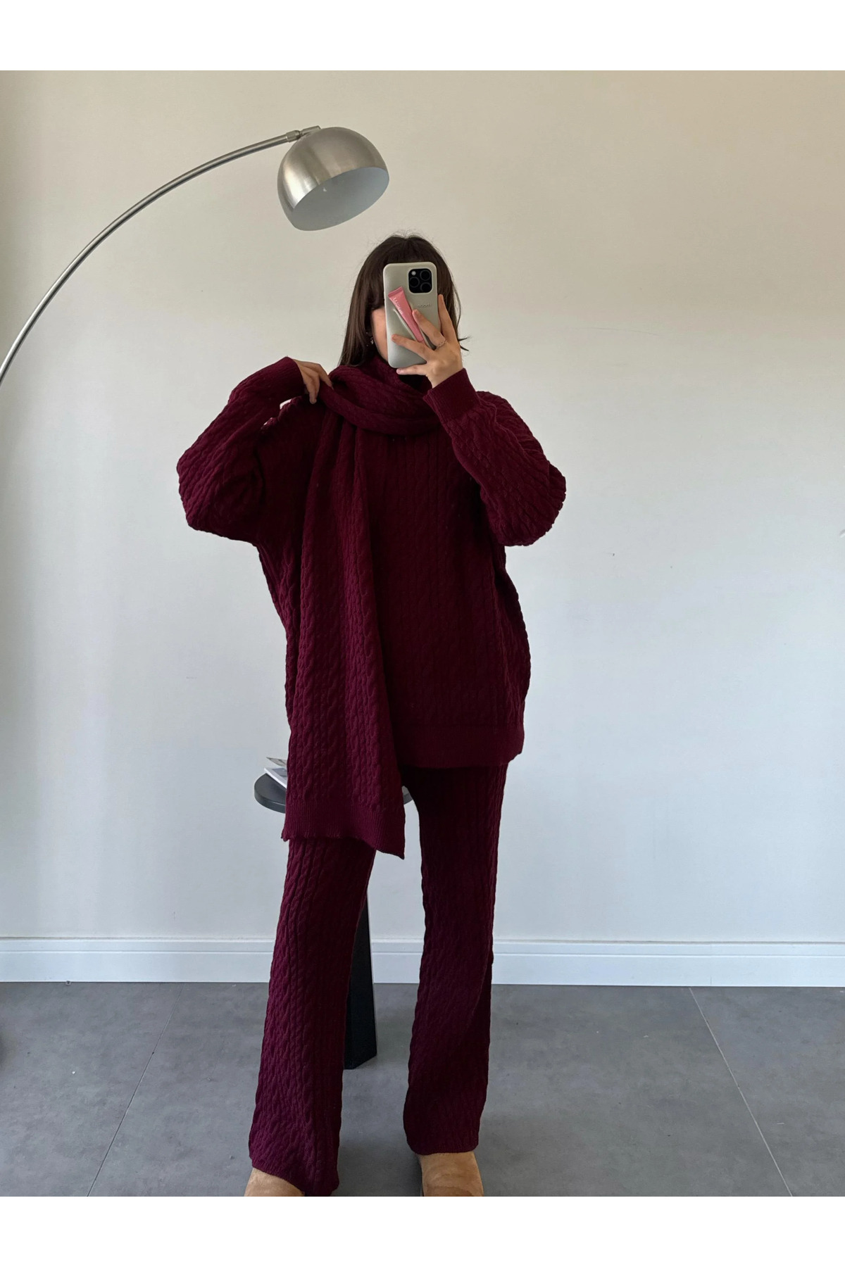 Diğer Marka Kadın Krem Atkılı Saç Örgülü Triko Pantolon Takım