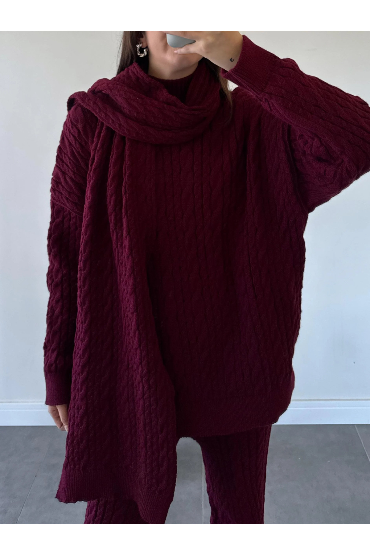 Diğer Marka Kadın Krem Atkılı Saç Örgülü Triko Pantolon Takım