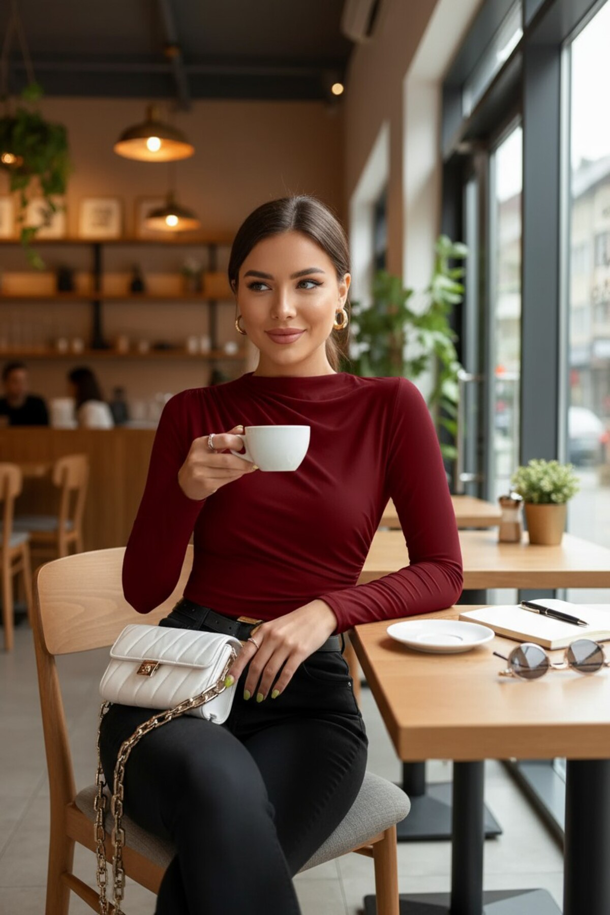Kadın Bordo Belden ve Boyundan Büzgü Detaylı Uzun Kollu Bluz Kadın Bordo Belden ve Boyundan Büzgü Detaylı Uzun Kollu Bluz